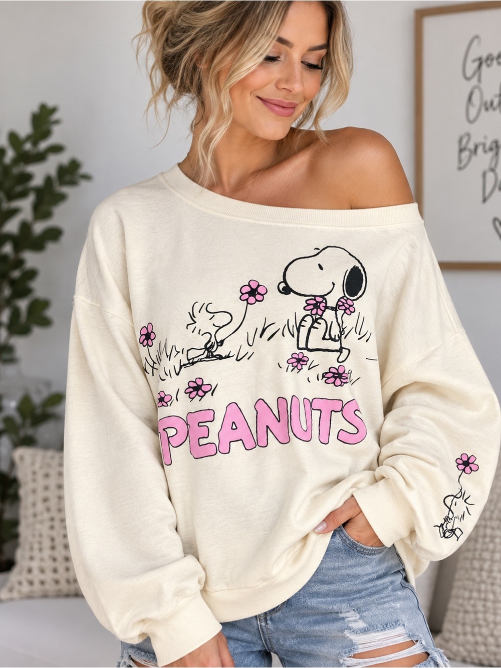 Peanuts Off-Shoulder Soft Yellow Sweatshirt with Pink Graphic-new Oversized M